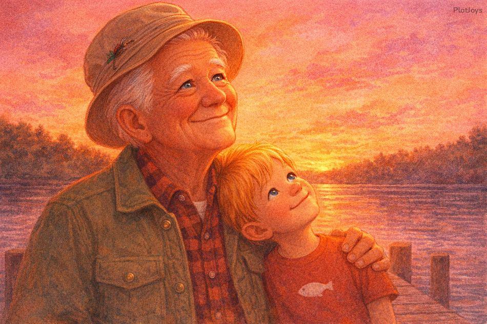 A grandfather and grandson watch the sunset blaze gold over the lake from the dock — the moments worth every mile
