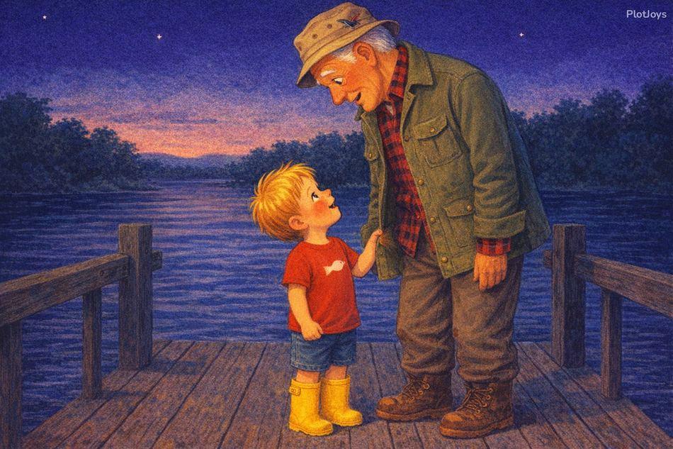 Liam looks up at Grandpa on the dock under a deep-blue starry twilight — a tender end to the day