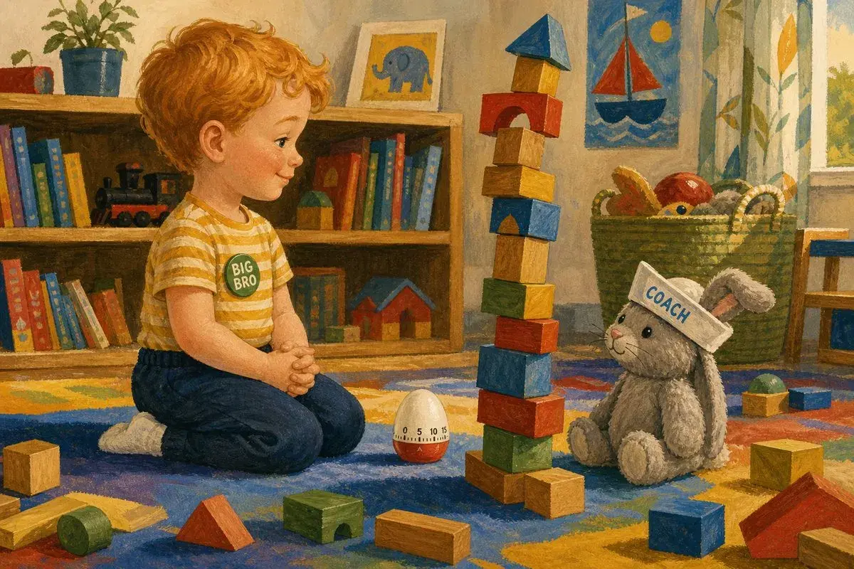 Blocks, a timer, and a bunny in a coach hat