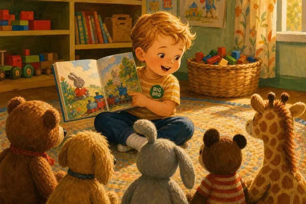 Reading his own book to the stuffed animals