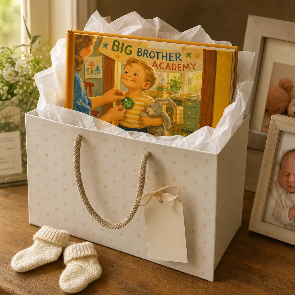 A Big Brother Academy book in a gift bag beside a newborn’s photo and baby socks
