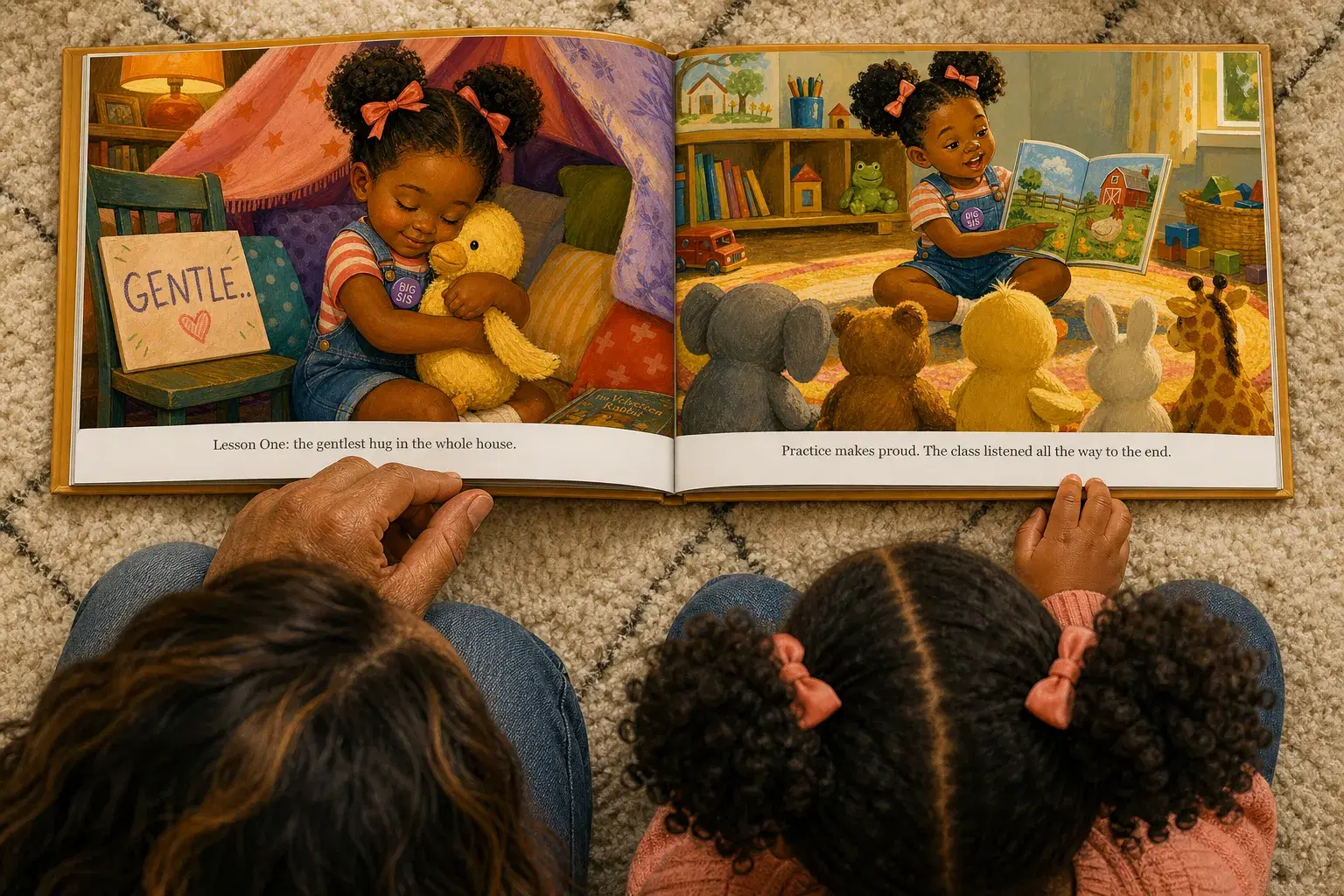 Two sisters and a parent reading their Big Sister book together on the floor