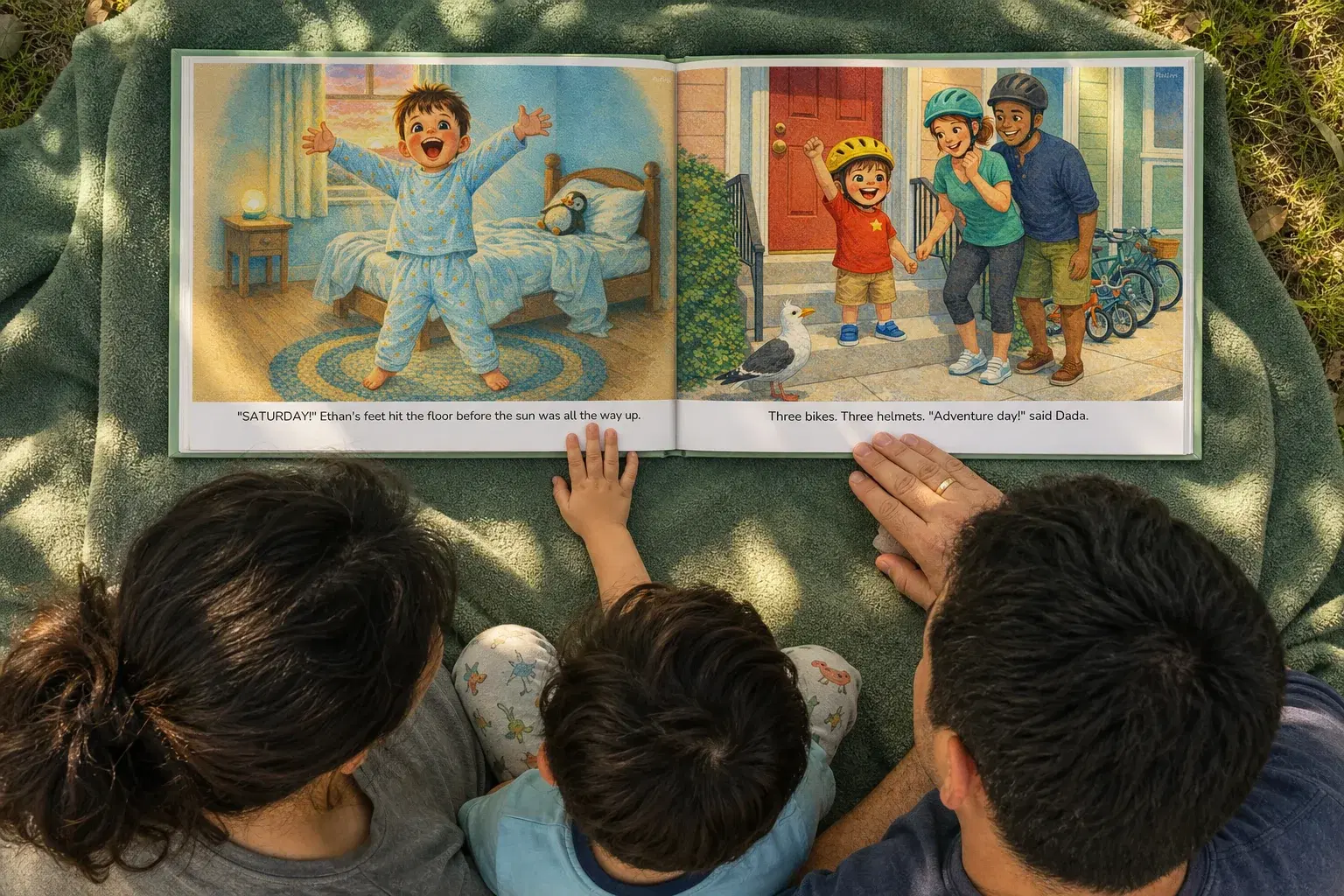 A father and son reading their personalized storybook on a picnic blanket