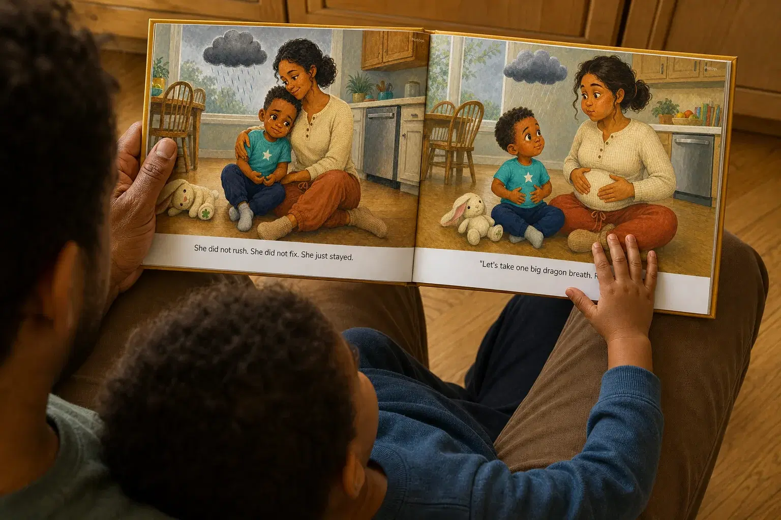 Leo and his dad reading his own PlotJoys book together