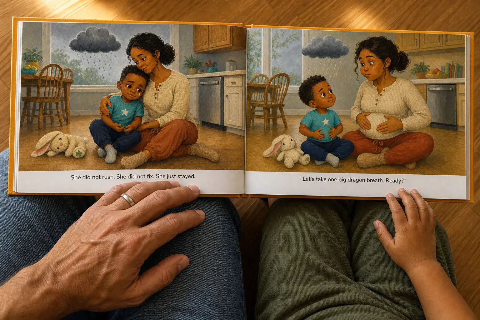 An open PlotJoys spread held on a lap — the kitchen scene where a mother says “Let’s take one big dragon breath”