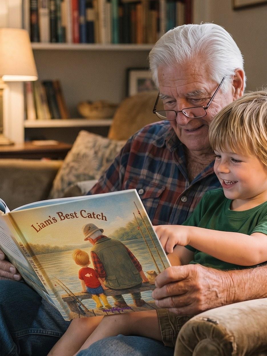A grandpa and his grandson reading their personalized storybook 'Liam's Best Catch' together