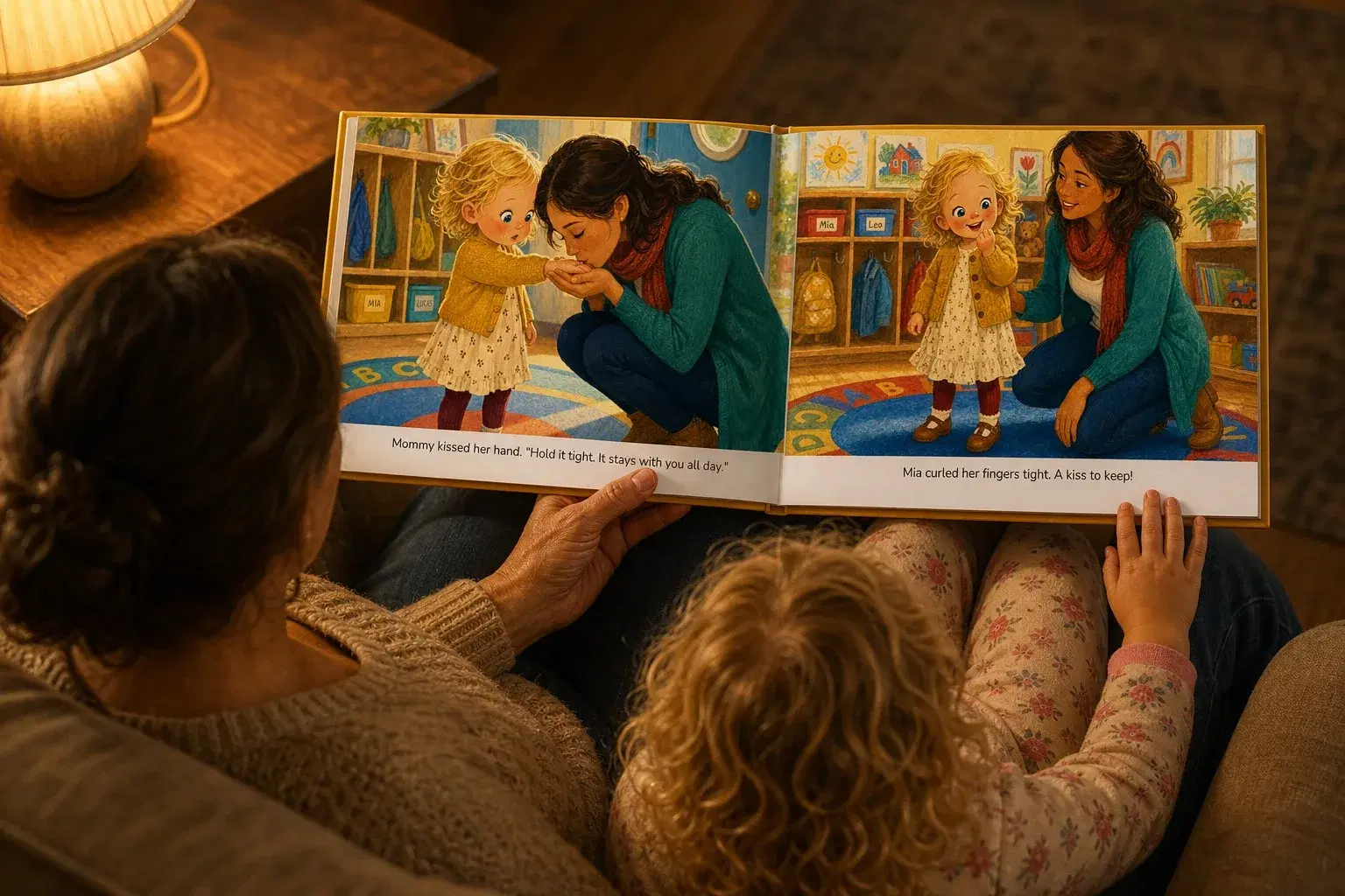 A mother and daughter reading their personalized storybook together by lamplight