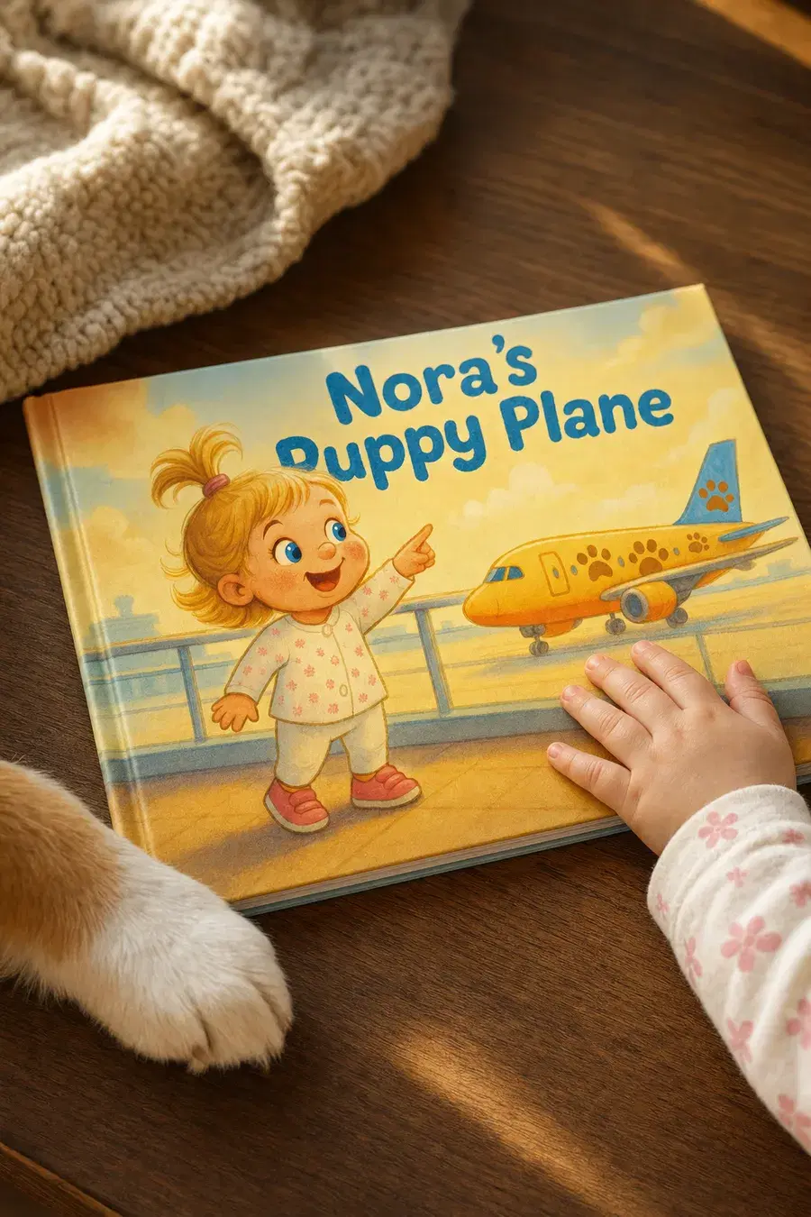 The finished hardcover resting on a table beside the family’s dog