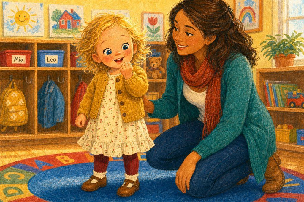Mia beams and curls her fingers tight around Mommy’s kiss — “a kiss to keep!”