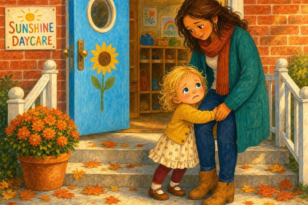 Mia clings to her mom’s leg at the daycare steps — “her tummy felt wobbly, her eyes got hot”