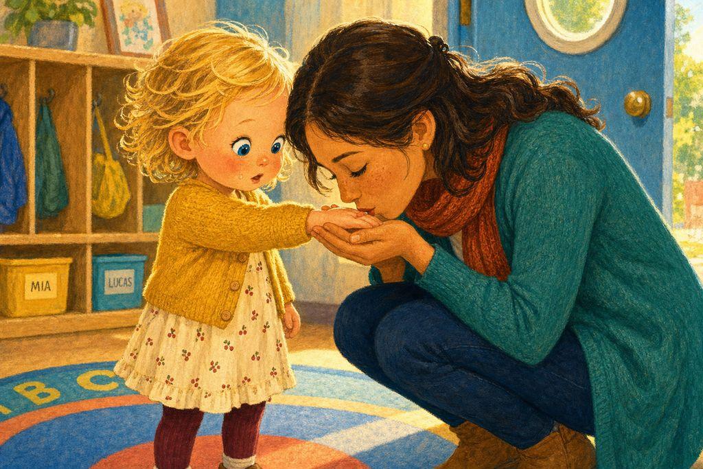 Mia’s mom kisses her hand — a kiss to hold in her palm all day