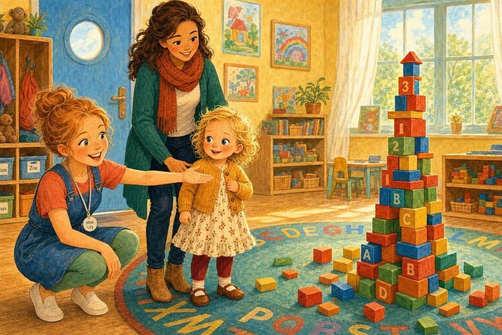 Miss Lily the teacher welcomes Mia over to the block tower — a hand-off, not a drop-off