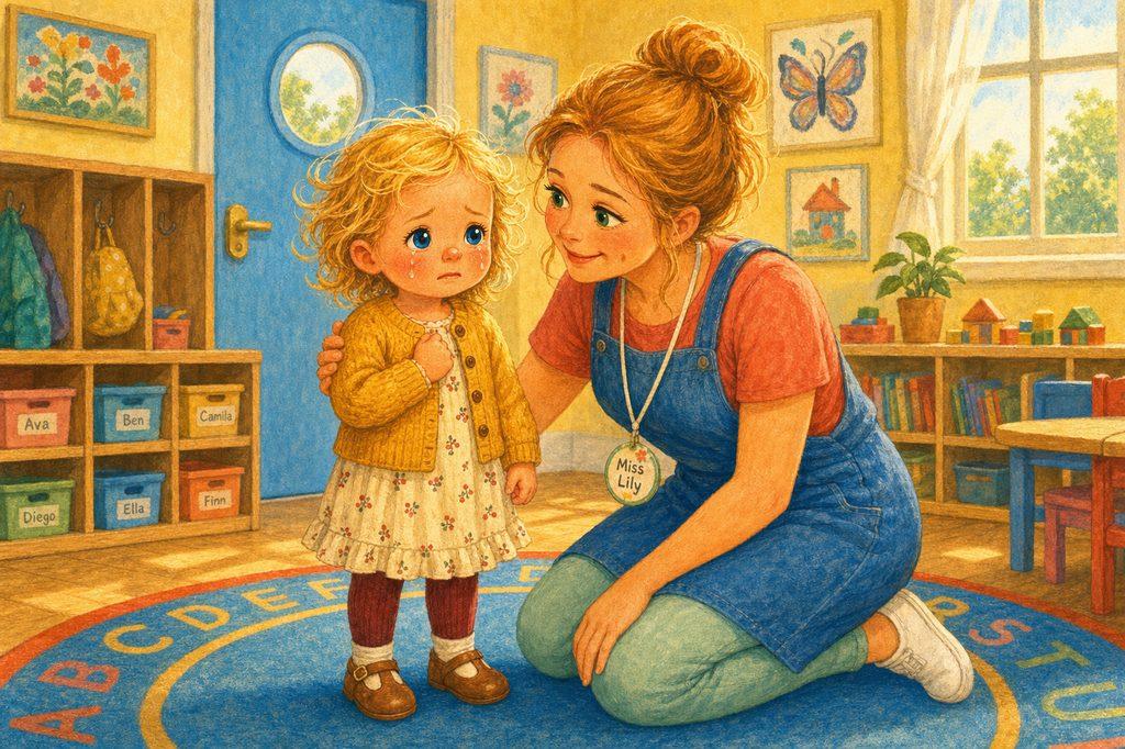 Miss Lily comforts a teary Mia after Mommy leaves — “the tears still came, and that was okay”