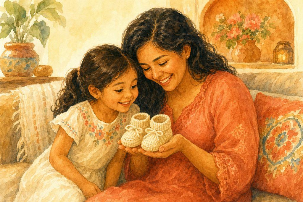 A young toddler rests a hand on her pregnant mom’s belly, both smiling softly