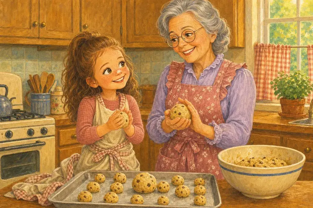 A granddaughter and her grandmother rolling cookie dough into little balls side by side, both smiling