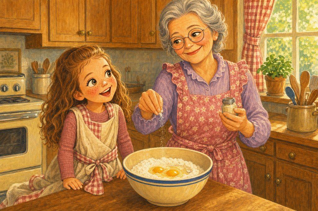 Grandma adds a mysterious pinch from a tiny jar while Nora tries to guess what it could be