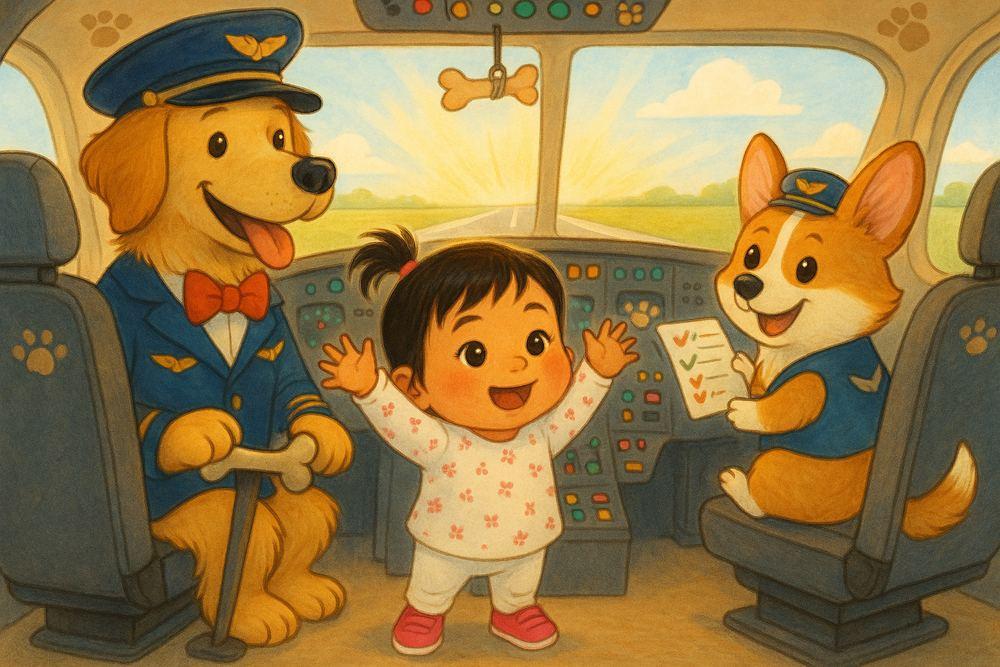A little girl throws her arms up with joy in the cockpit, beside two friendly pilot dogs