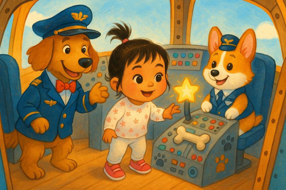 The little girl reaches toward a glowing star button in the cockpit as the pilot dogs cheer her on