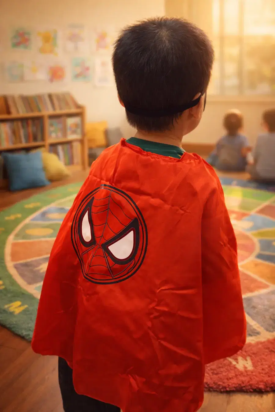 A Story Heroes Club member in his cape at story time, the circle rug and book shelf behind him