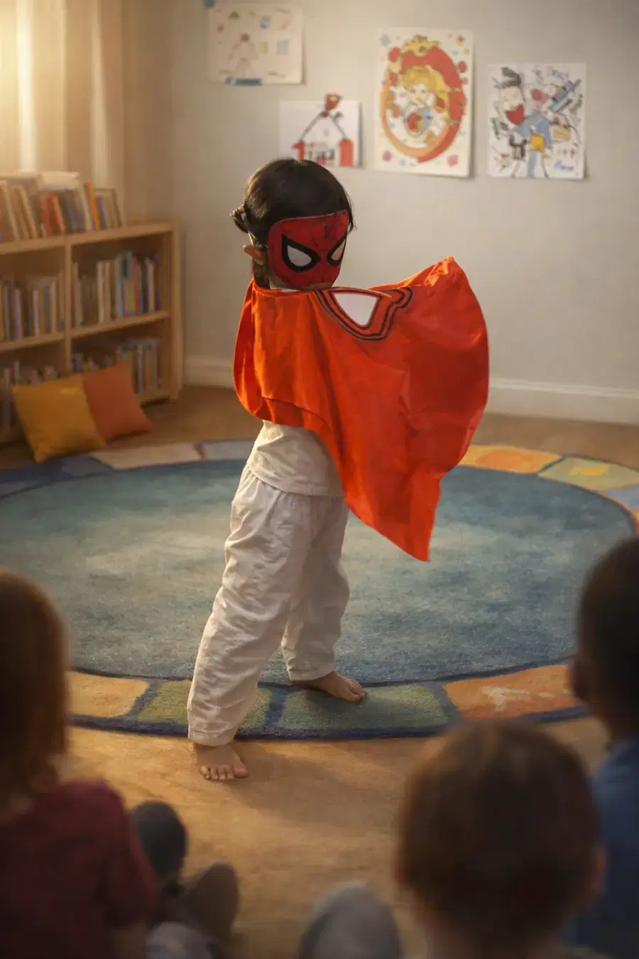 A Story Heroes Club member in her cape, acting out her story on the classroom rug while classmates watch