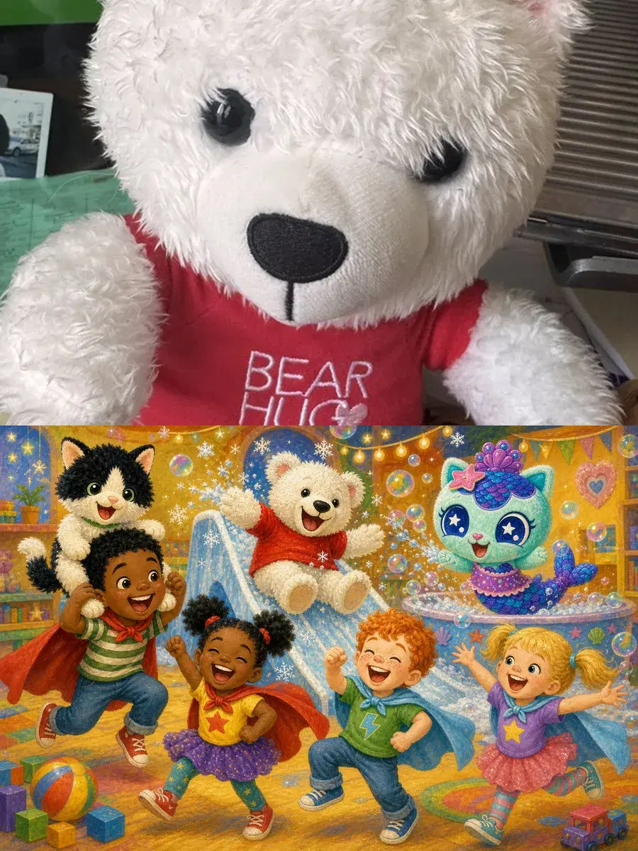 The real teddy bear photographed, and the same bear in the storybook — on the ice slide while the kids and the other stuffies play