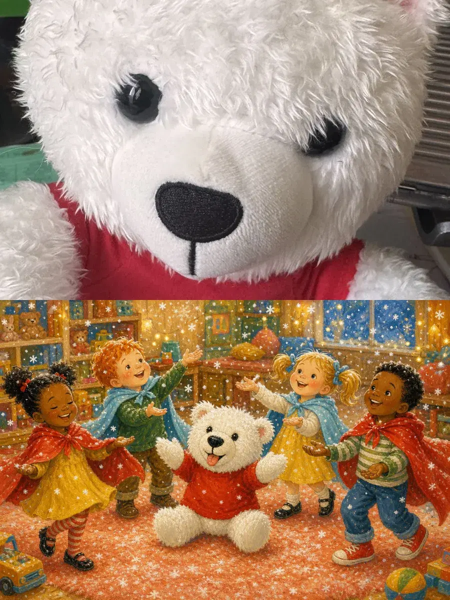 The real teddy bear up close, and the same bear in the storybook — snow falling as the kids dance around him