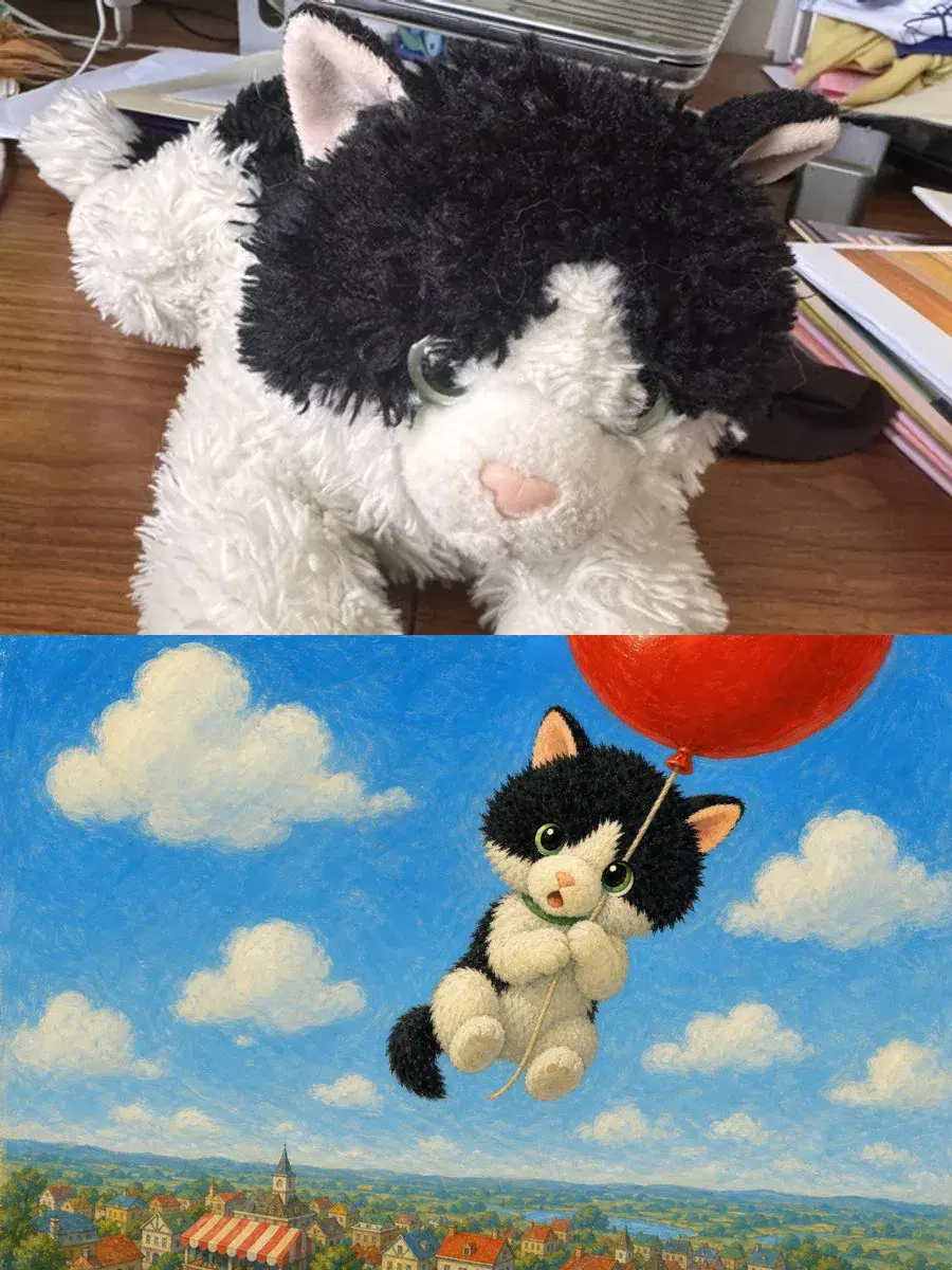 The real plush cat photographed, and the same cat in the storybook — flying over town holding a red balloon