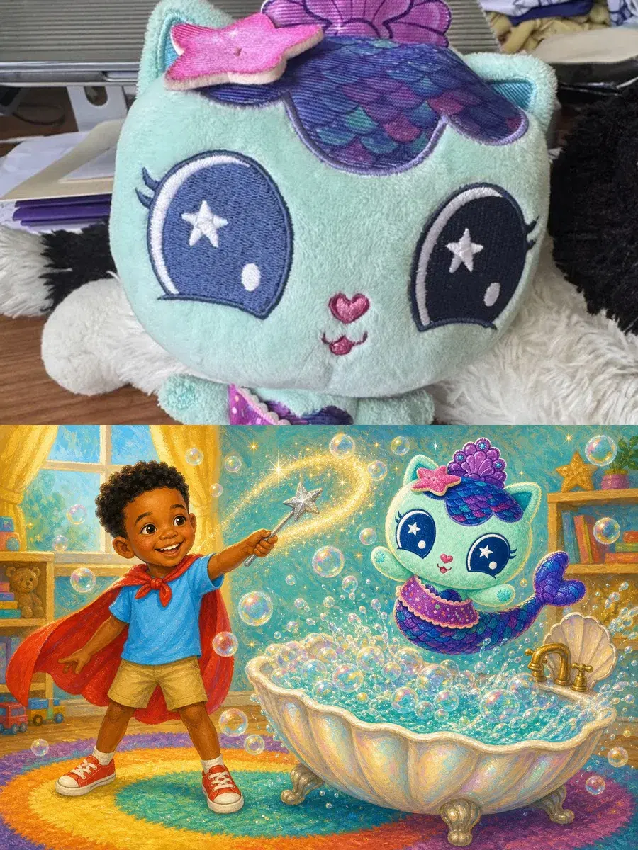 The real mermaid-cat plush photographed, and the same plush in the storybook — leaping from a bubble bath as a boy casts a wand spell