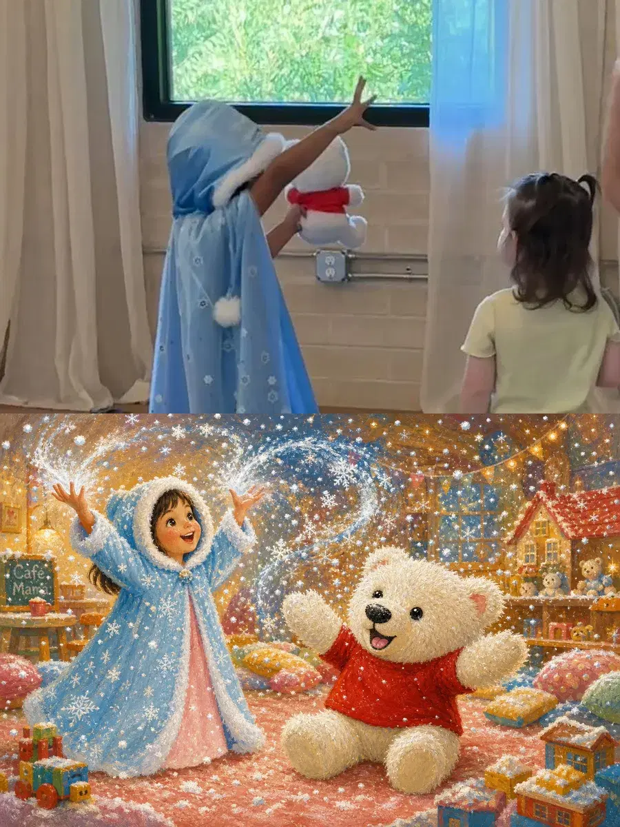 A girl in her snow-queen cape raises her hand to cast the spell at story time, and the storybook page where the caped hero casts snow beside the bear