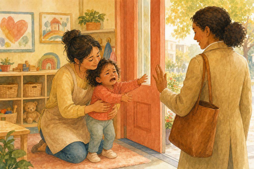 A crying toddler at a daycare doorway, held by a warm teacher, reaching for a parent leaving for work