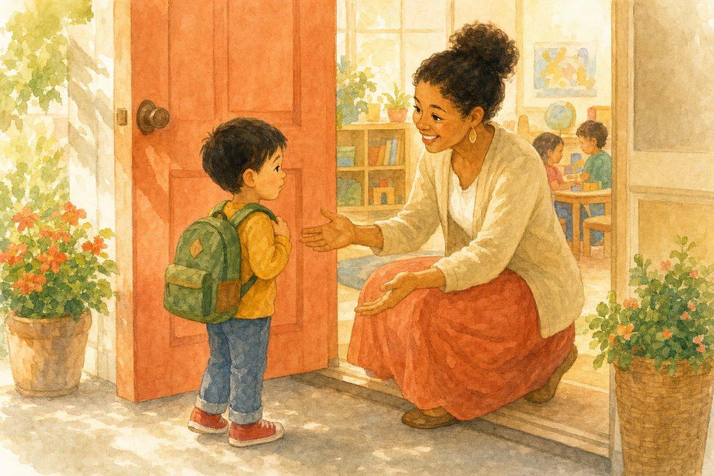 A preschooler with a backpack at a sunny classroom door on the first day, a friendly teacher welcoming them in