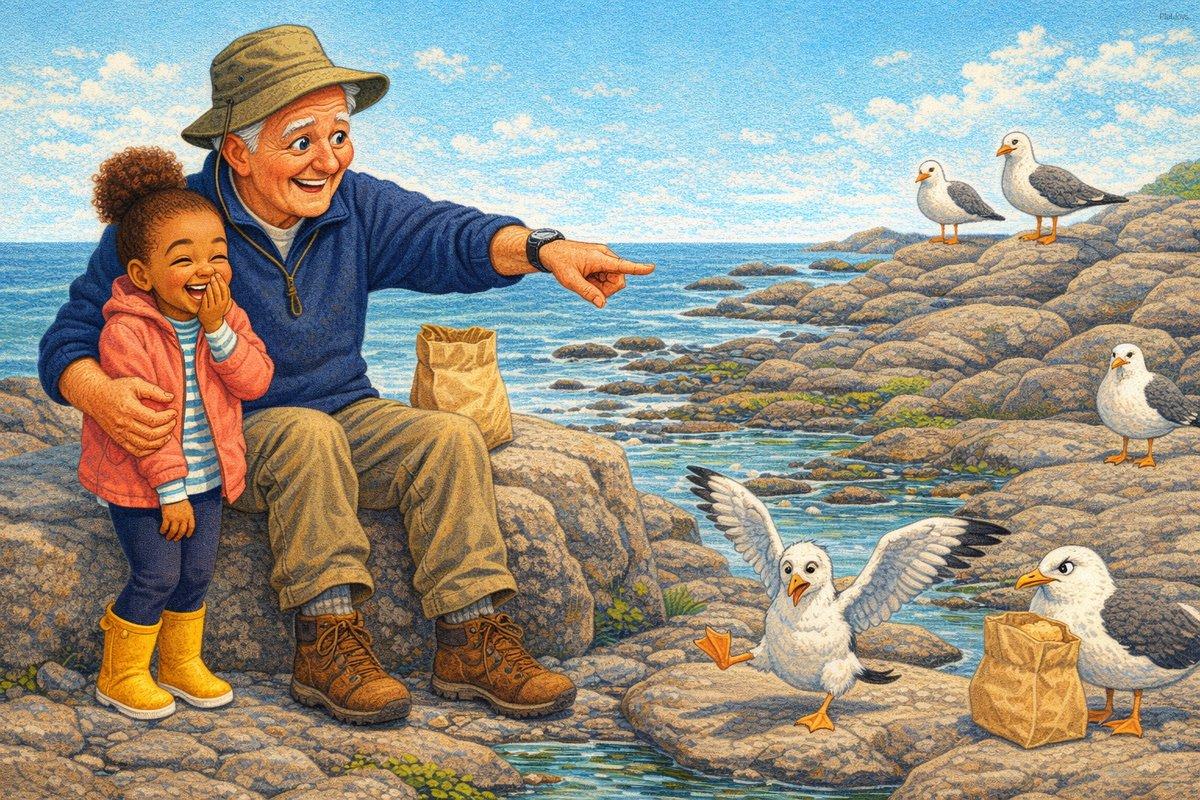 Personalized grandpa and granddaughter book — Grandpa whistles and the gulls answer over the shore