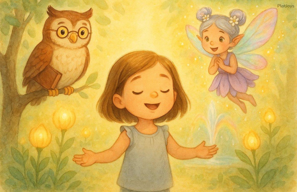 Personalized storybook for learning English — Eva singing with her eyes closed among glowing flower buds, the owl and the pixie listening