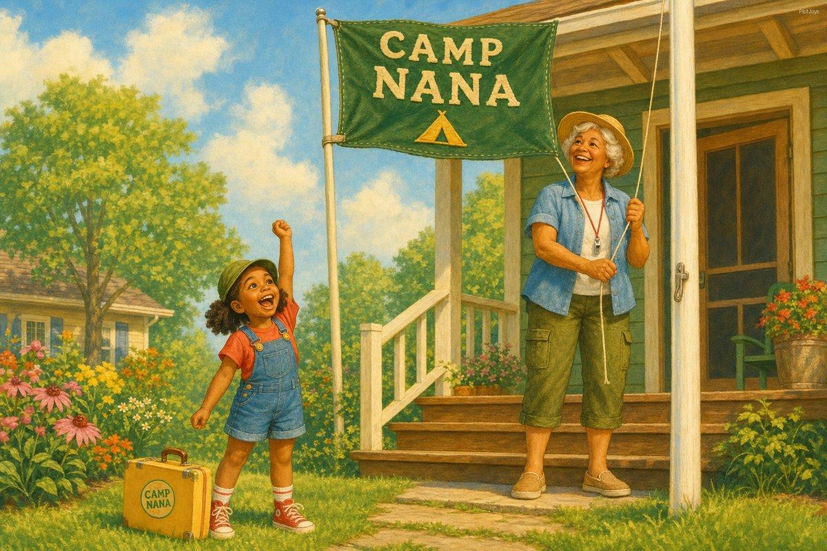 Personalized grandma and grandchild book — the Camp Nana flag going up the porch pole