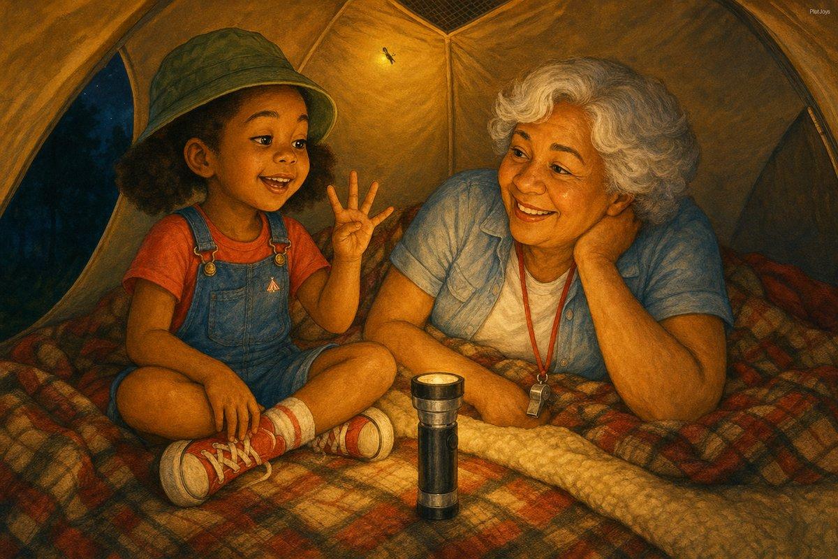 Keepsake book about a grandma and granddaughter — reading the camp rules by flashlight in a backyard tent