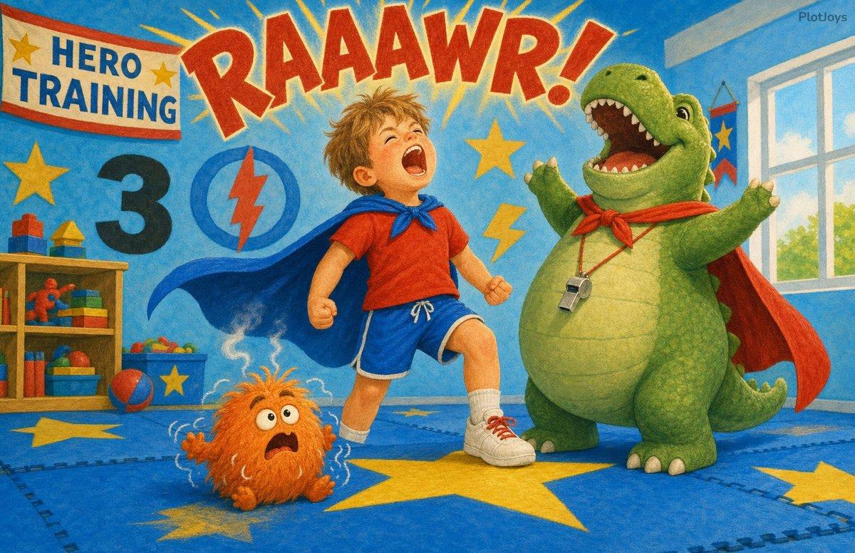 Custom big-feelings book page — Max in his blue cape roaring beside Coach Rex the dinosaur in the hero-training room