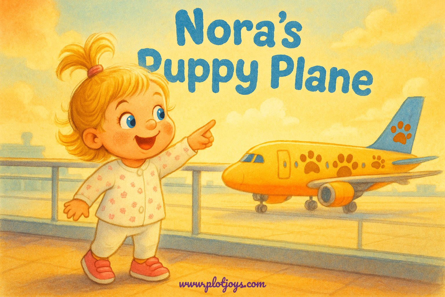 Cover of personalized children's storybook 'Nora's Puppy Plane' showing a toddler pointing at a paw-print airplane