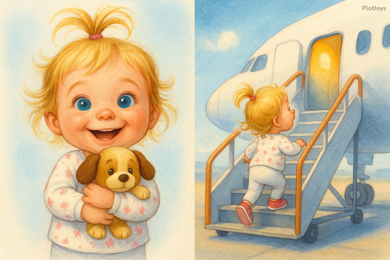 Storybook spread: Nora hugging a puppy travel pillow and climbing airplane stairs