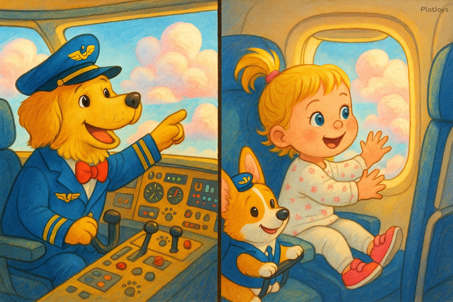 Storybook spread: Nora and pilot dogs looking at cotton candy clouds from the cockpit