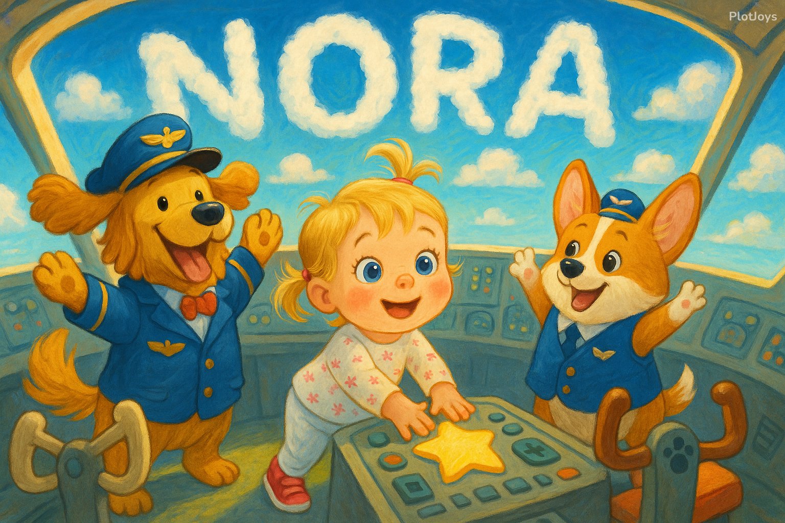 Storybook spread: Nora's name written in clouds by the puppy plane
