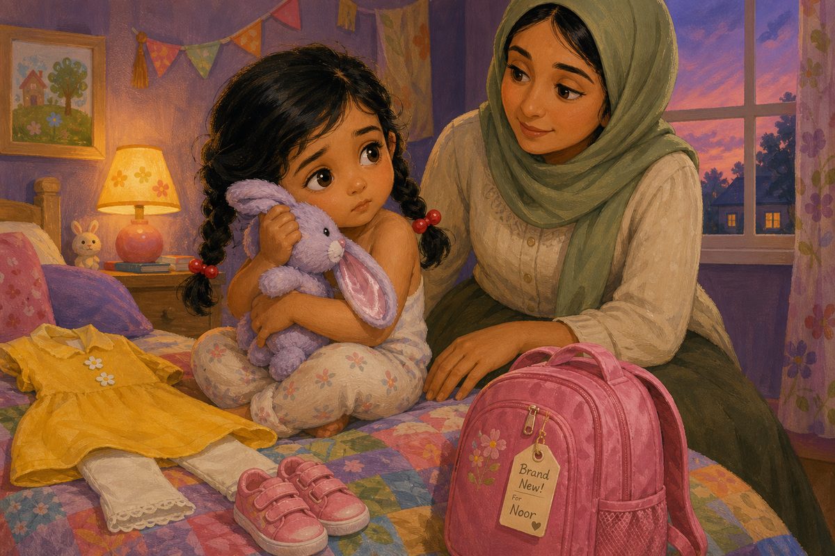 A 3-year-old hugs her bunny on the night before preschool, her new backpack and first-day outfit laid out — first-day-of-preschool nerves